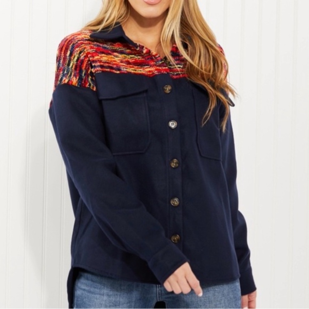 NWT DAVI & DANI mixed media chenille knit top Shacket w slight high-low bodice
